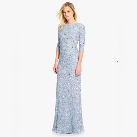 SOLD!!ADRIANNA PAPELL Light Blue Sequin 3/4 Sleeve Gown - Size 16 NWT - Picture 1 of 14